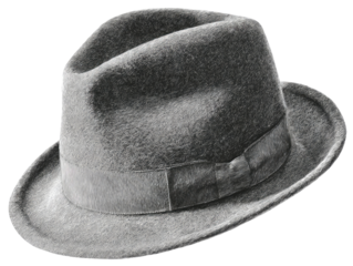 Gray fedora hat, slightly angled, with a ribbon band