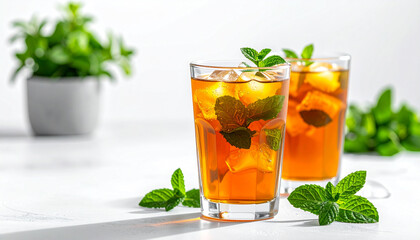 A refreshing iced herbal tea with mint leaves in a clear glass, photographed in bright minimalist spring style