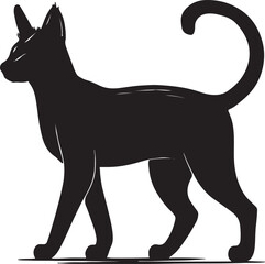 Silhouette of a sleek black cat with a curled tail standing alertly on a white background