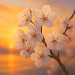 Beautiful pink and white cherry blossom in full bloom on a tree branch against a bright blue sky in spring