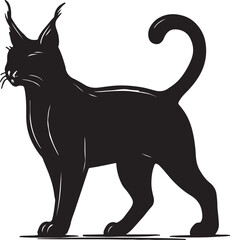 Silhouette of a sleek black cat with a curled tail standing alertly on a white background