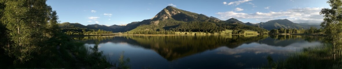 Stunning hdr panorama of serene lake and mountain reflection nature landscape