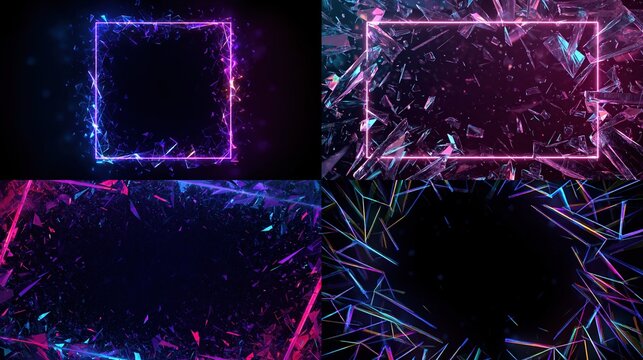 Four abstract compositions, each featuring neon-colored geometric frames surrounded by shards on a dark background