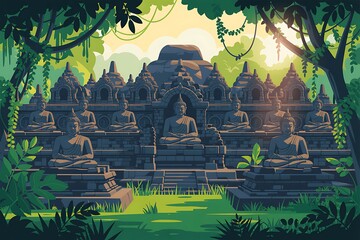 Ancient Buddhist temple complex with meditating Buddha statues surrounded by lush jungle foliage Borobudur