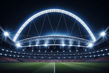 Illuminated Football Stadium Arch and Field at Night with Bright Lights and Goal soccer arena