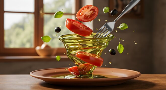 Fresh salad ingredients levitating above plate and glass of olive oil