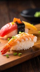 Three pieces of sushi artfully arranged on a wooden board