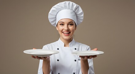 Portrait of a smiling professional female chef in a white uniform holding two empty plates, ready for culinary creation and food presentation