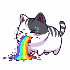 A cute kawaii cartoon cat with a sick expression vomiting a vibrant, colorful rainbow stream. Funny and weird illustration of an unwell kitten throwing up
