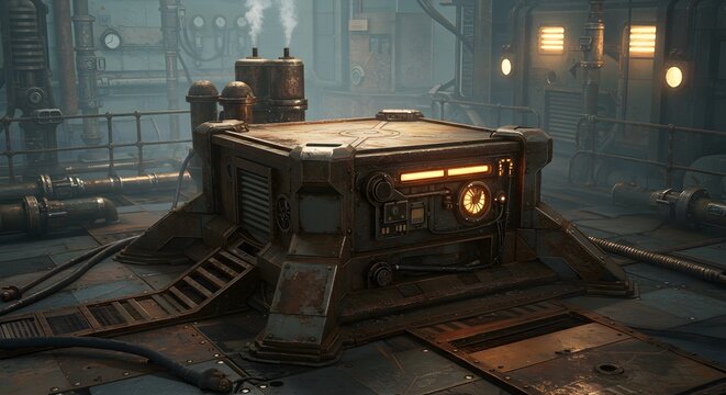 Industrial machine in a dimly lit interior with exposed pipes and metallic textures