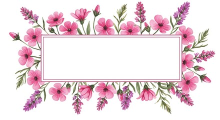 Floral arrangement with pink flowers and rectangular frame for text