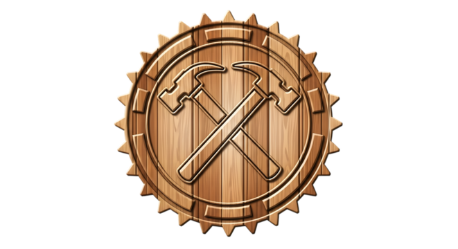 Wooden emblem with crossed hammers, isolated on transparent background - Powered by Adobe