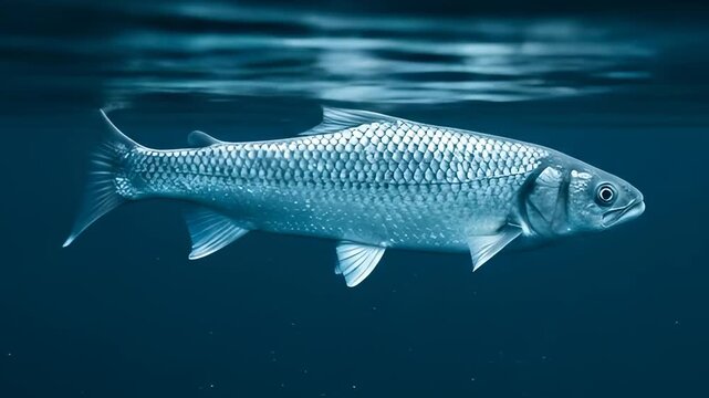 Underwater view of a wild bighead carp swimming in deep blue habitat