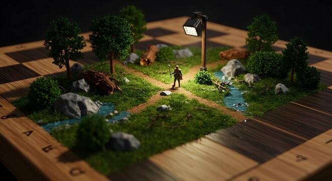 Miniature landscape on chessboard traveler trees and scenic crossroads