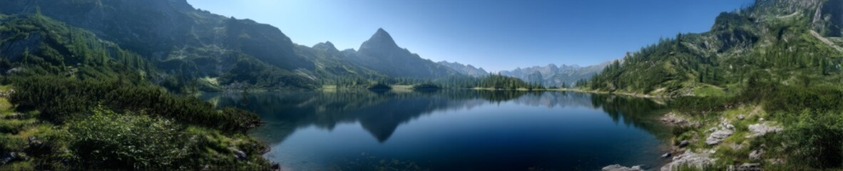 Serene nature panorama mountain lake hdr landscape bright daylight wide view tranquility