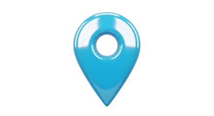 A bright blue 3d map pin icon isolated on a transparent background, representing location and navigation