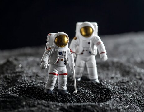 Two astronaut figurines stand on a dark, textured surface, simulating a lunar landscape