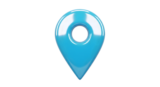 A bright blue 3d map pin icon isolated on a transparent background, representing location and navigation