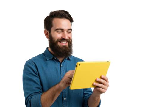 Man smiles while using a yellow tablet on transparent background