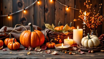 A cozy autumn scene with a wooden surface as the base. It is a composite of two photos. The top photo captures a rustic setting featuring lit candles, pumpkins, and pine cones