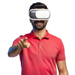 Naklejka premium Excited Man Wearing VR Headset and Smiling While Pointing Finger Forward, experiencing virtual reality, isolated transparent background.