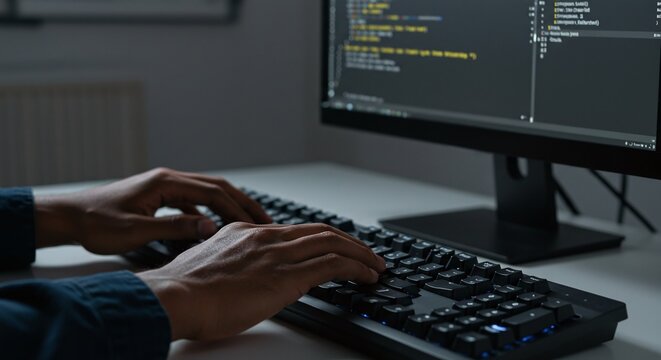 A programmer is typing on a keyboard, writing lines of software code on a computer monitor. Concept of software development and coding.