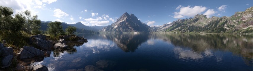 Naklejka premium Majestic mountain reflection in serene lake hdr panoramic view nature