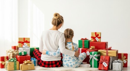 Christmas Morning Cheer: A mother and child, embraced, sit amidst a joyous pile of colorful wrapped Christmas presents. Captured from a rear angle, the image conveys anticipation and warmth