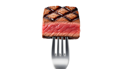 A perfectly grilled steak cube on a fork, isolated on transparent background