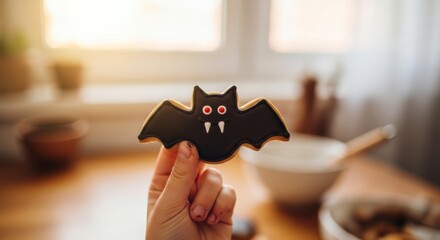 Spooky Cookie's Delight: a close-up shot shows a hand holding a bat-shaped cookie. Perfect for fall-themed marketing material, with detailed shots and creative ideas.