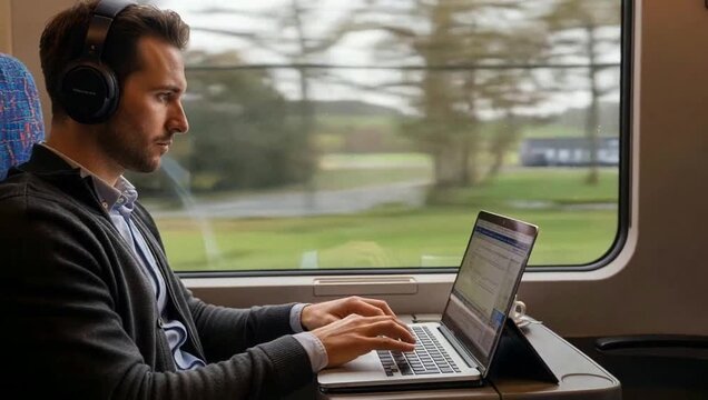Focused professional demonstrates work from anywhere setups, productively working on laptop while traveling by train, highlighting modern remote office flexibility and connectivity