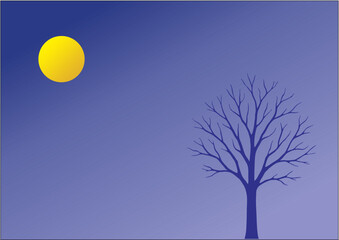 Black silhouette of a bare tree branch against a cold night sky with a luminous moon