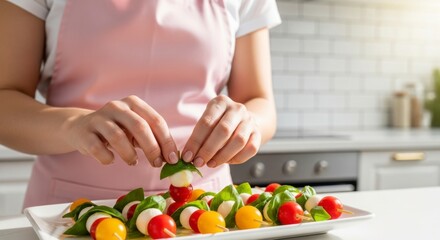 Culinary Craft: A person, adorned in an apron, meticulously arranges a delectable skewer of vibrant tomatoes, creamy mozzarella, and fresh basil on a pristine countertop.