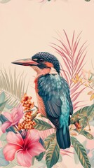 Realistic vintage drawing of tropical bird flower animal plant.