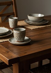 Wooden dining table with stoneware dishes