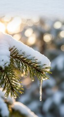 Winter's Embrace: A macro shot captures the pristine beauty of a snow-covered evergreen branch, with icy droplets glistening in the soft, warm light, evoking a sense of peace and tranquility.