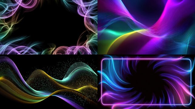 Vibrant, multicolored abstract flowing shapes creating frames on a solid black background