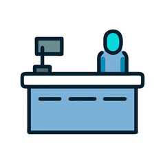 Reception desk with computer and attendant, flat design illustration