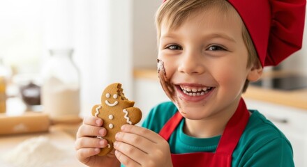 Joyful Baker's Moment: A young child, adorned in a chef's hat and apron, beams with delight as they hold and enjoy a gingerbread cookie. Their face, lightly adorned with a touch of sweet frosting.