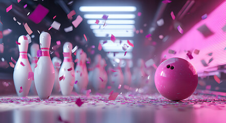 Naklejka premium 3d rendering of a bowling ball hitting pins with confetti