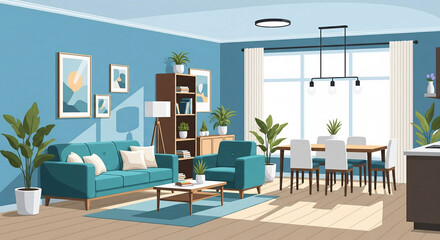 Modern Blue Living Room and Dining Area with Natural Light and Cozy Furniture