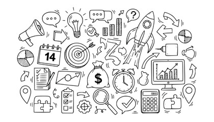Vector art of doodle sketch of business strategy elements including a rocket, lightbulb, calendar, target, money bag, and charts