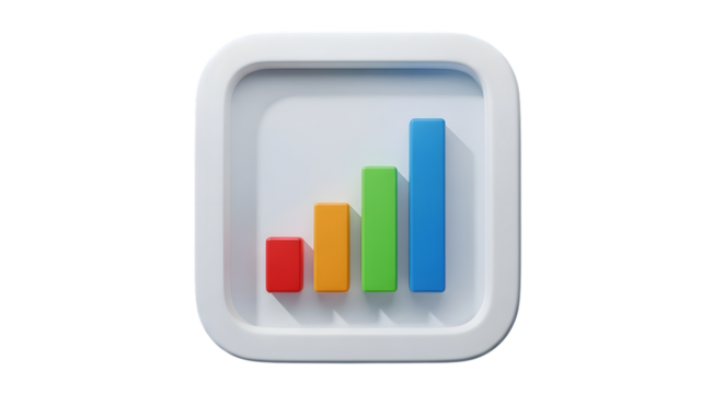 A 3d rendering of a bar graph with colorful bars, isolated on transparent background