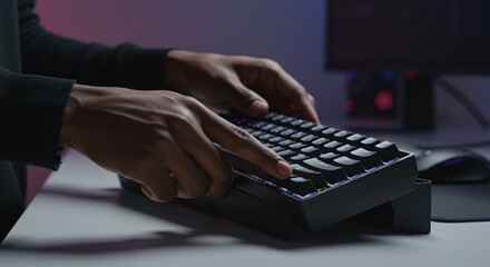 A person unboxes a new mechanical gaming keyboard with RGB lighting for a PC setup. Concept of a high-performance gaming peripheral.