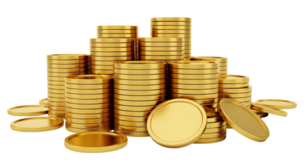 A large stack of gold coins, isolated on transparent background