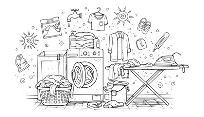 Vector art of hand drawn sketch of laundry room scene with washing machine, ironing board, clothes basket, and various laundry items