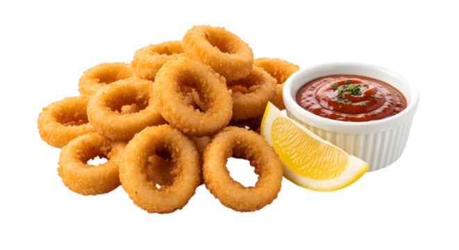 Crispy golden fried onion rings with a side of ketchup and a lemon slice, isolated on transparent background