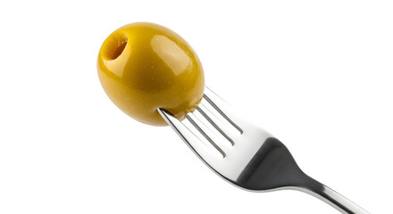 A single green olive impaled on the tines of a silver fork, isolated on a transparent background