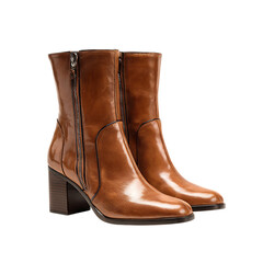 Elegant brown leather ankle boots with a block heel isolated on transparent background
