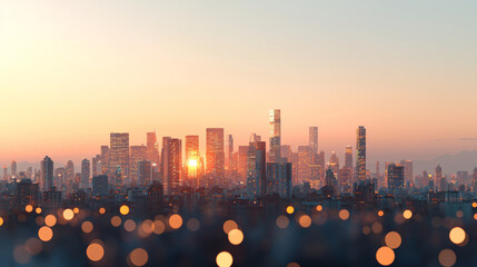 Dreamlike panorama of city skyline at sunset evokes sense of peace as warm colors wash over buildings creating calming, beautiful urban scene